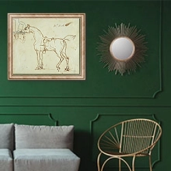 «A Racehorse, Bridled and Saddled» в интерьере классической гостиной с зеленой стеной над диваном