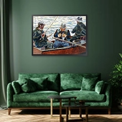 «The Fishing Trip» в интерьере зеленой гостиной над диваном