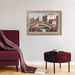 «Battle with Sticks on the Ponte Santa Fosca, Venice» в интерьере гостиной в бордовых тонах