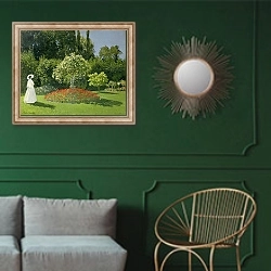 «Jeanne Marie Lecadre in the Garden, 1866» в интерьере классической гостиной с зеленой стеной над диваном