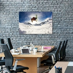 «Лыжник в прыжке в горах» в интерьере современного офиса с черной кирпичной стеной