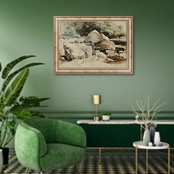 «Rocks in a Mountain Stream, 1840-58» в интерьере гостиной в зеленых тонах