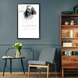 «Dmitri Mendeleev, engraved by George J. Stodart» в интерьере гостиной в стиле ретро в серых тонах