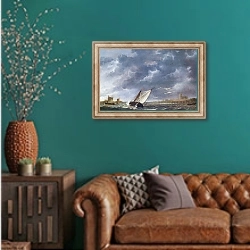 «Река Маас в Дордрехте в шторм» в интерьере гостиной с зеленой стеной над диваном