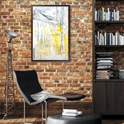 «Жёлто-серая абстракция» в интерьере кабинета в стиле лофт с кирпичными стенами