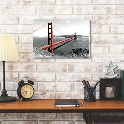 «США. Golden Gate Bridge Red Pop on B&W» в интерьере кабинета в стиле лофт над столом
