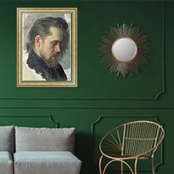«Portrait of the author Nikolay Pomyalovsky, 1860» в интерьере классической гостиной с зеленой стеной над диваном
