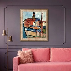 «Мариенкирхе с домами и дымовой трубой» в интерьере гостиной с розовым диваном