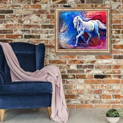 «Синий конь» в интерьере в стиле лофт с кирпичной стеной и синим креслом