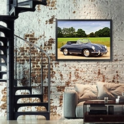 «Porsche 356B 1600 Cabriolet» в интерьере двухярусной гостиной в стиле лофт с кирпичной стеной