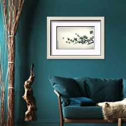 «Хвойная ветка с маленькими птичками» в интерьере зеленой гостиной в этническом стиле над диваном