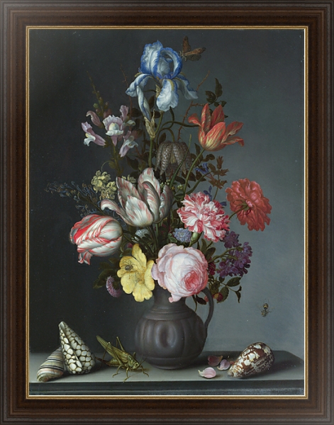 Постер Цветы в вазе с ракушками и насекомыми с типом исполнения На холсте в раме в багетной раме 1.023.151