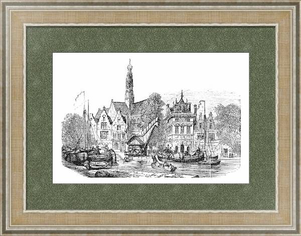 Постер Grain market and Saint-Bavochurch docks, in Haarlem,  Netherlands vintage engraving. с типом исполнения Акварель в раме в багетной раме 485.M40.584