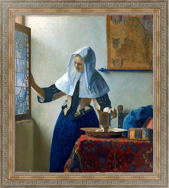 Постер Молодая женщина с кувшином у окна с типом исполнения На холсте в раме в багетной раме 484.M48.310