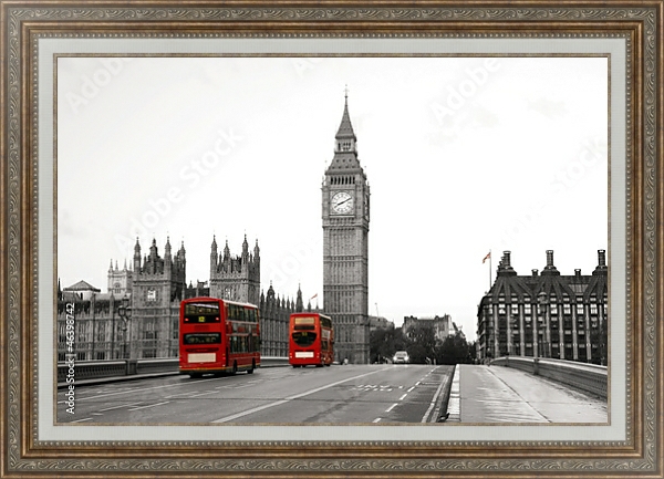 Постер Англия, Лондон. Автобусы у  Вестминстерского дворца с типом исполнения На холсте в раме в багетной раме 595.M52.330