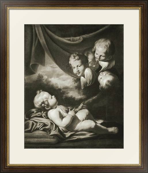 Постер Мальчик с ангелами с типом исполнения Под стеклом в багетной раме 1.023.036