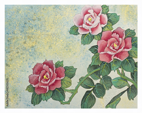 Постер Цветущий куст с тремя красными розами с типом исполнения На холсте в раме в багетной раме 221-03