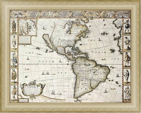 Постер America old map with Greenland insert map. Created by John Speed. Published in London, 1627 с типом исполнения Акварель в раме в багетной раме 484.M48.725