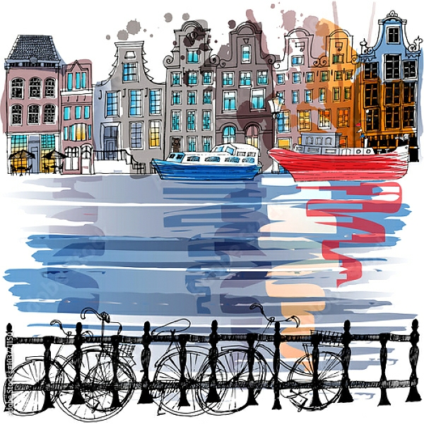 Постер Улица с каналом в Амстердаме с типом исполнения На холсте в раме в багетной раме 221-01