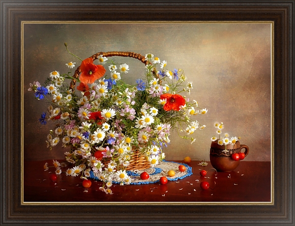 Постер Корзина с цветами с типом исполнения На холсте в раме в багетной раме 1.023.151