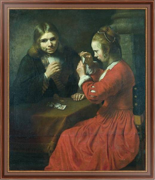 Постер Молодые юноша и девушка, играющие в карты с типом исполнения На холсте в раме в багетной раме 35-M719P-83