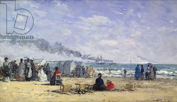 Постер The Beach at Trouville at Bathing Time; La Plage de Trouville a l'Heure du Bain, 1868 с типом исполнения На холсте без рамы