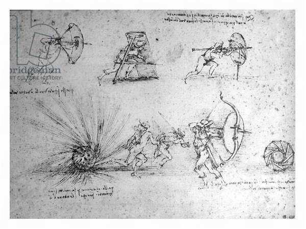 Постер Study with Shields for Foot Soldiers and an Exploding Bomb, c.1485-88 с типом исполнения На холсте в раме в багетной раме 221-03