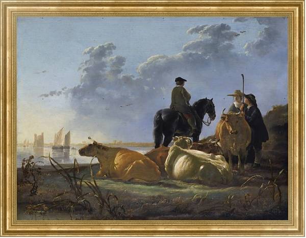 Постер Крестьяне со скотом рядом с речкой с типом исполнения На холсте в раме в багетной раме NA033.1.051