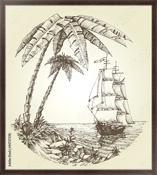 Постер Парусник на морском тропическом побережье с типом исполнения На холсте в раме в багетной раме 221-02