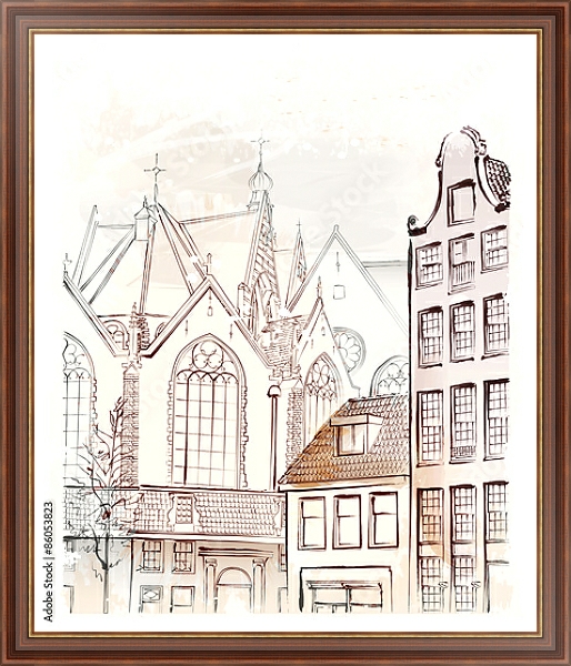Постер Архитектурный эскиз Амстердама с типом исполнения На холсте в раме в багетной раме 35-M719P-83