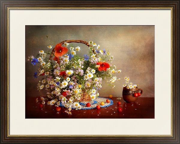 Постер Корзина с цветами с типом исполнения Под стеклом в багетной раме 1.023.036