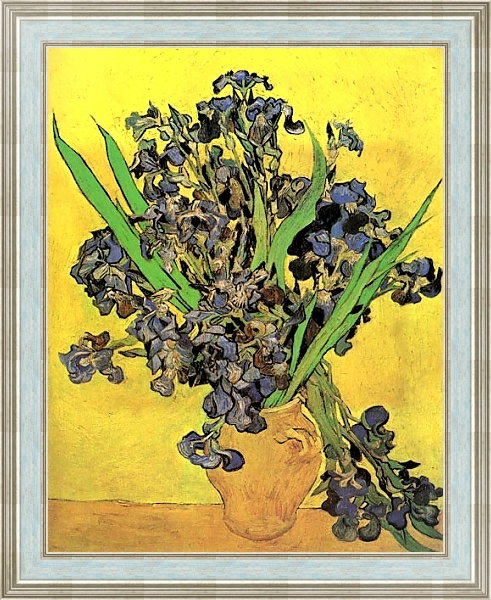 Постер Натюрморт: ваза и ирисами на желтом фоне с типом исполнения На холсте в раме в багетной раме NA053.0.114