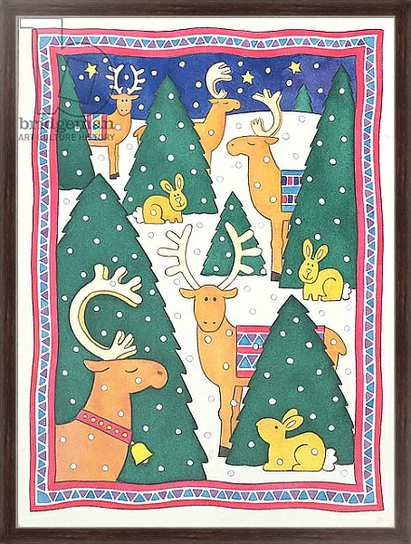 Постер Reindeers around the Christmas Trees с типом исполнения На холсте в раме в багетной раме 221-02