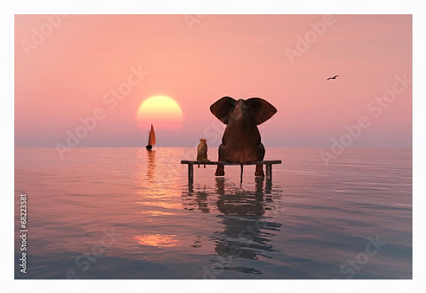 Постер Слон и собака, сидящие посреди моря с типом исполнения На холсте в раме в багетной раме 221-03