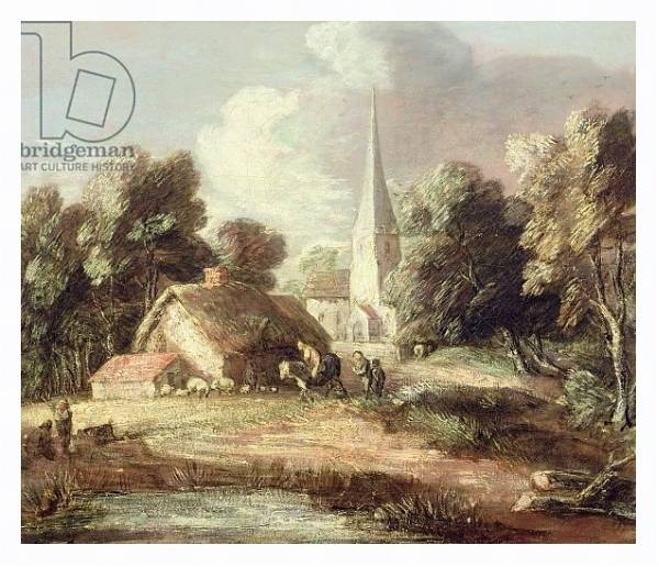 Постер Landscape with a Church, Cottage, Villagers and Animals, c.1771-2 с типом исполнения На холсте в раме в багетной раме 221-03
