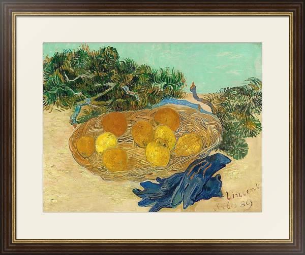 Постер Натюрморт с апельсинами, лимонами и синими перчатками с типом исполнения Под стеклом в багетной раме 1.023.036