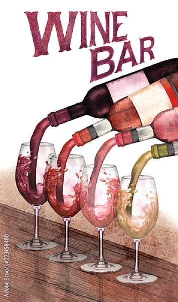 Постер Акварельные красные, белые и розовые вина, налитые из бутылок в стаканы, стоящие на деревянном столе с типом исполнения На холсте без рамы
