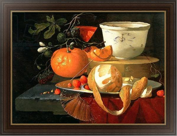 Постер Still life of an orange, a lemon and strawberry on a pewter plate, a wan-li bowl behind с типом исполнения На холсте в раме в багетной раме 1.023.151