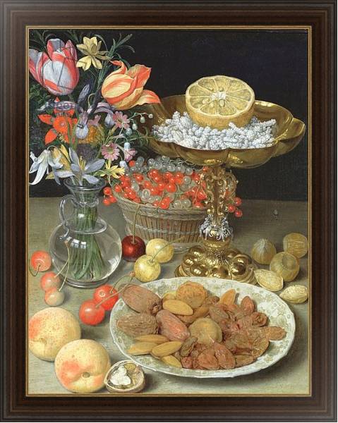 Постер Still life with flowers and dessert с типом исполнения На холсте в раме в багетной раме 1.023.151