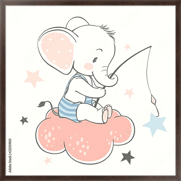 Постер Маленький слоненок рыбачит на облачке с типом исполнения На холсте в раме в багетной раме 221-02