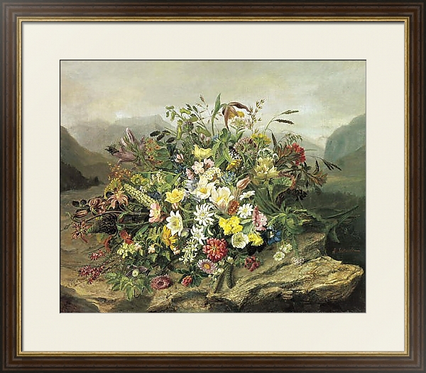 Постер Букет цветов на фоне горного пейзажа с типом исполнения Под стеклом в багетной раме 1.023.036