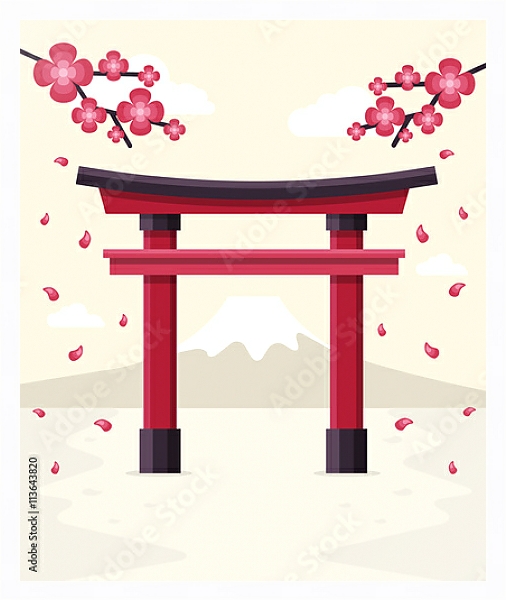 Постер Японские ворота Тории на фоне горы Фудзи с типом исполнения На холсте в раме в багетной раме 221-03