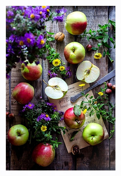 Постер Садовые яблочки, полевые цветы, орехи и ноты на столе с типом исполнения На холсте в раме в багетной раме 221-03
