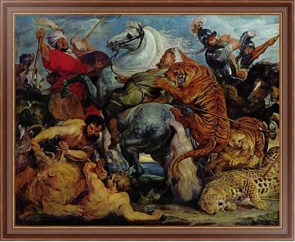Постер Охота на тигров и львов с типом исполнения На холсте в раме в багетной раме 35-M719P-83