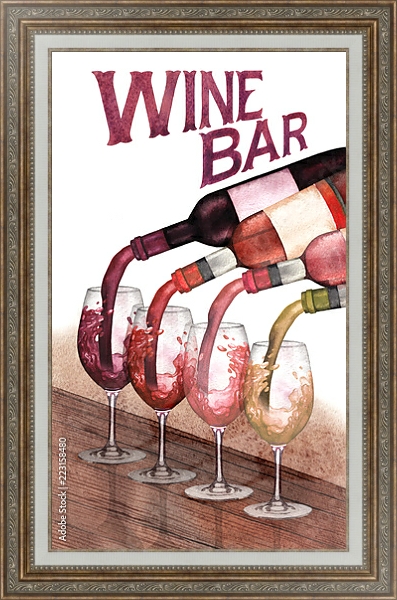 Постер Акварельные красные, белые и розовые вина, налитые из бутылок в стаканы, стоящие на деревянном столе с типом исполнения На холсте в раме в багетной раме 595.M52.330