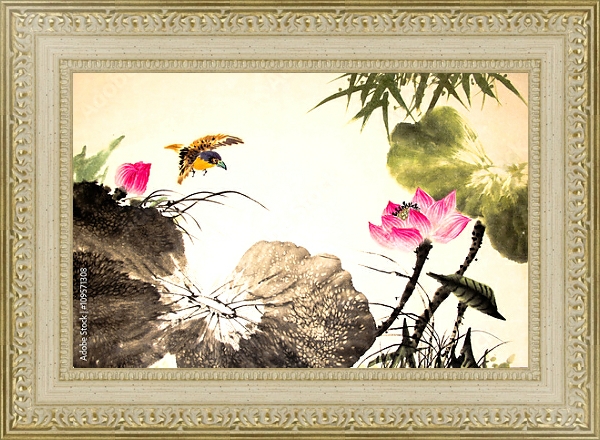 Постер Птица над озером с цветущими лотосами с типом исполнения Акварель в раме в багетной раме 484.M48.725
