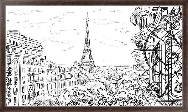 Постер Париж в Ч/Б рисунках #44 с типом исполнения На холсте в раме в багетной раме 221-02