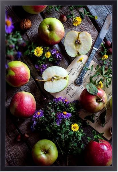 Постер Садовые яблоки, цветы и ноты с типом исполнения На холсте в раме в багетной раме 221-01
