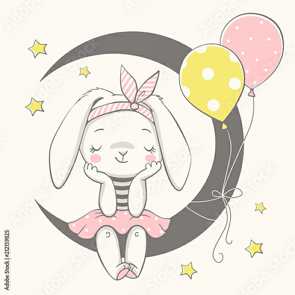 Постер Девочка-зайчик, сидящая на луне с типом исполнения На холсте без рамы
