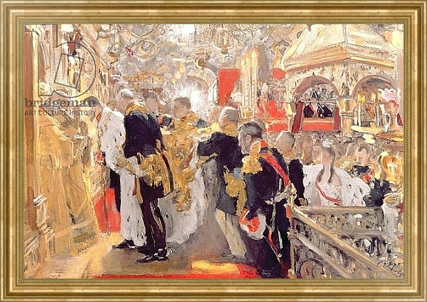 Постер The Crowning of Emperor Nicholas II in the Assumption Cathedral, 1896 с типом исполнения На холсте в раме в багетной раме NA033.1.051